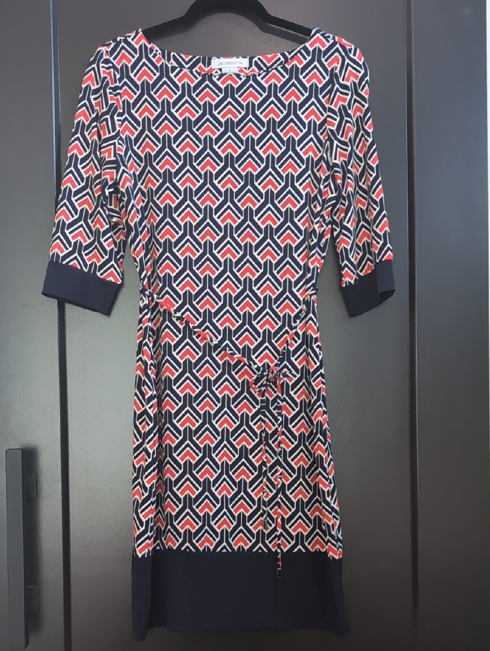 Geometric Print Dress in Navy, Red & White